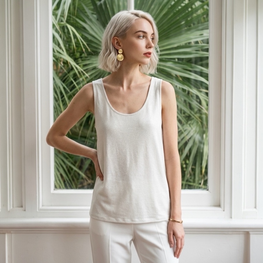 GERRY WEBER SUPER SOFT SCOOP NECK SOFT WHITE SHIMMER TANK TOP SZ 16